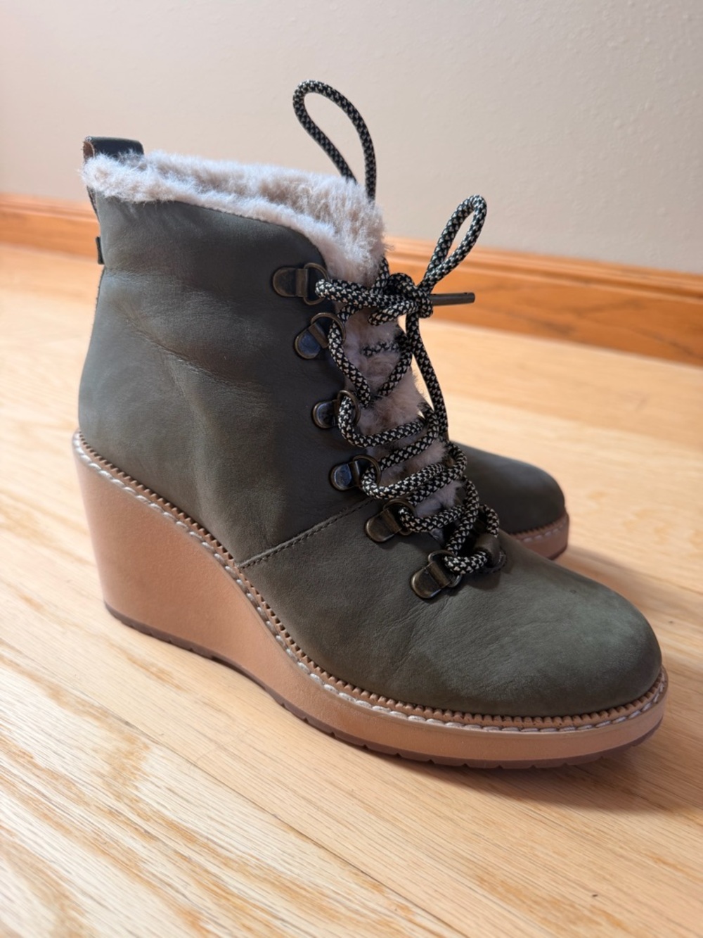 Toms Olive Faux-Fur Wedge Ankle Boot